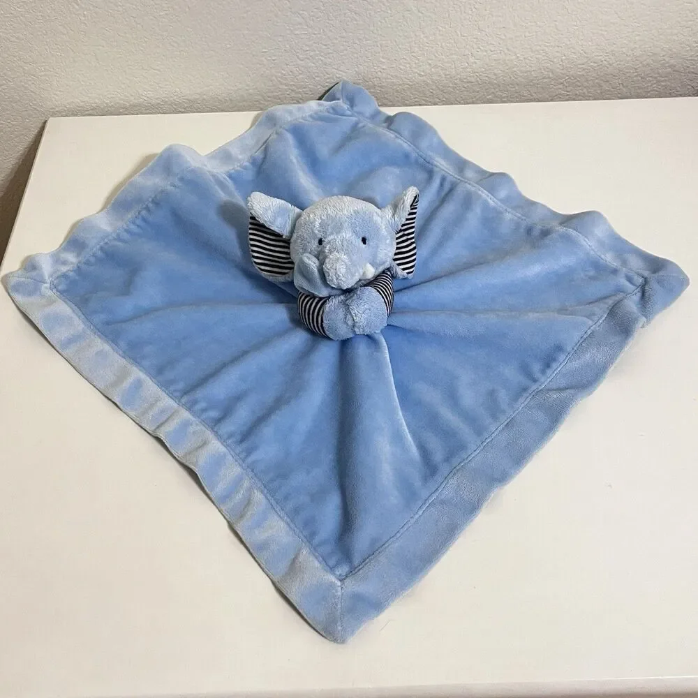 Carter's Blue Elephant Security Blanket Lovey Lovie Rattle Striped Satin Back